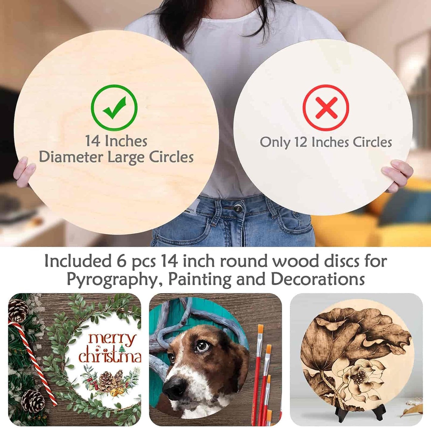6 Pack 14 Inch Wood Rounds,14 Inch Round Wood Circles for Crafts, Unfinished Wood Circles Wood Sign Blank, Wooden Discs for DIY Crafts, Door Hangers and Christmas Decoration