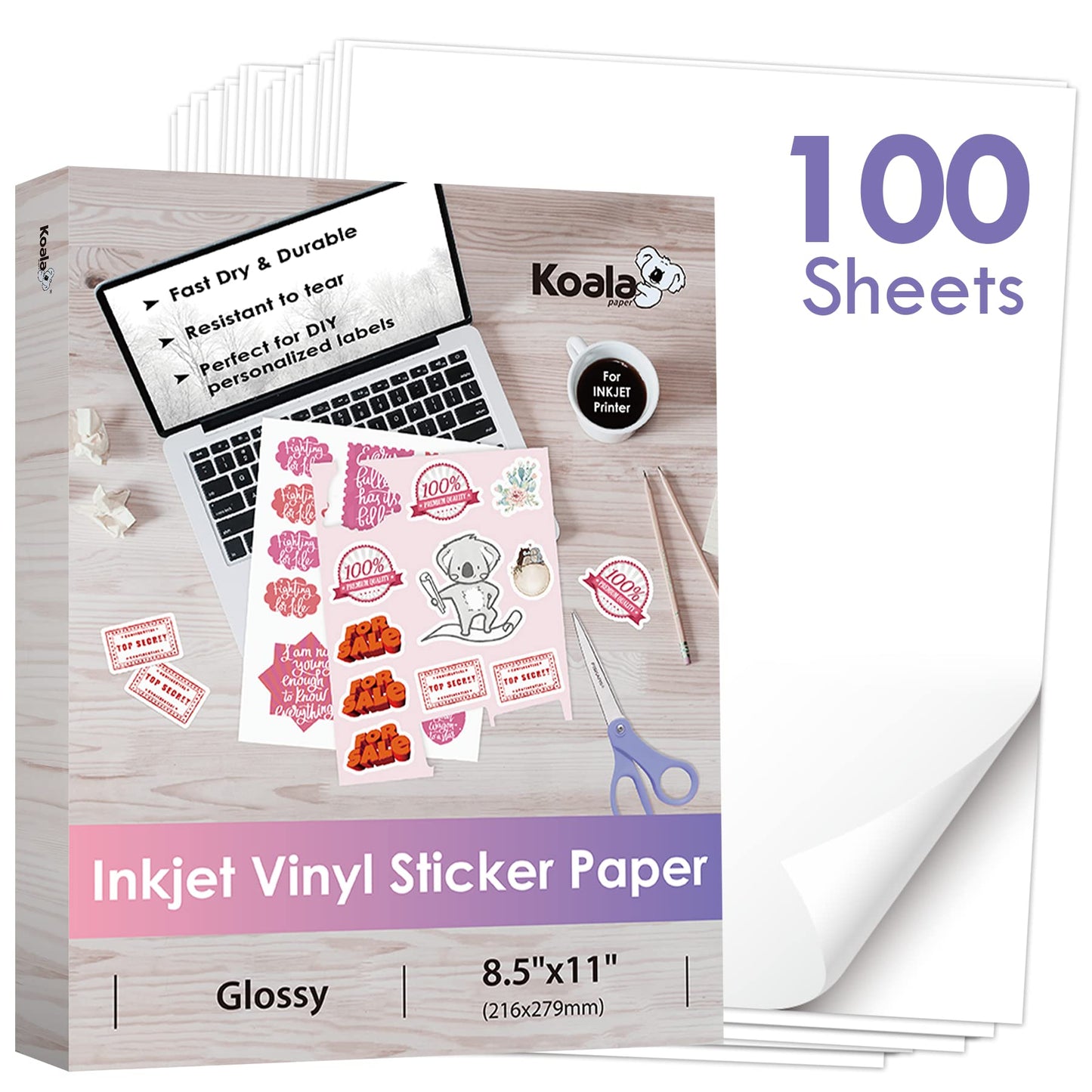Koala Printable Vinyl Sticker Paper for Inkjet Printers - 20 Sheets Glossy White Waterproof Adhesive Label Paper - 8.5x11 Inch, Tear-Resistant, Removable