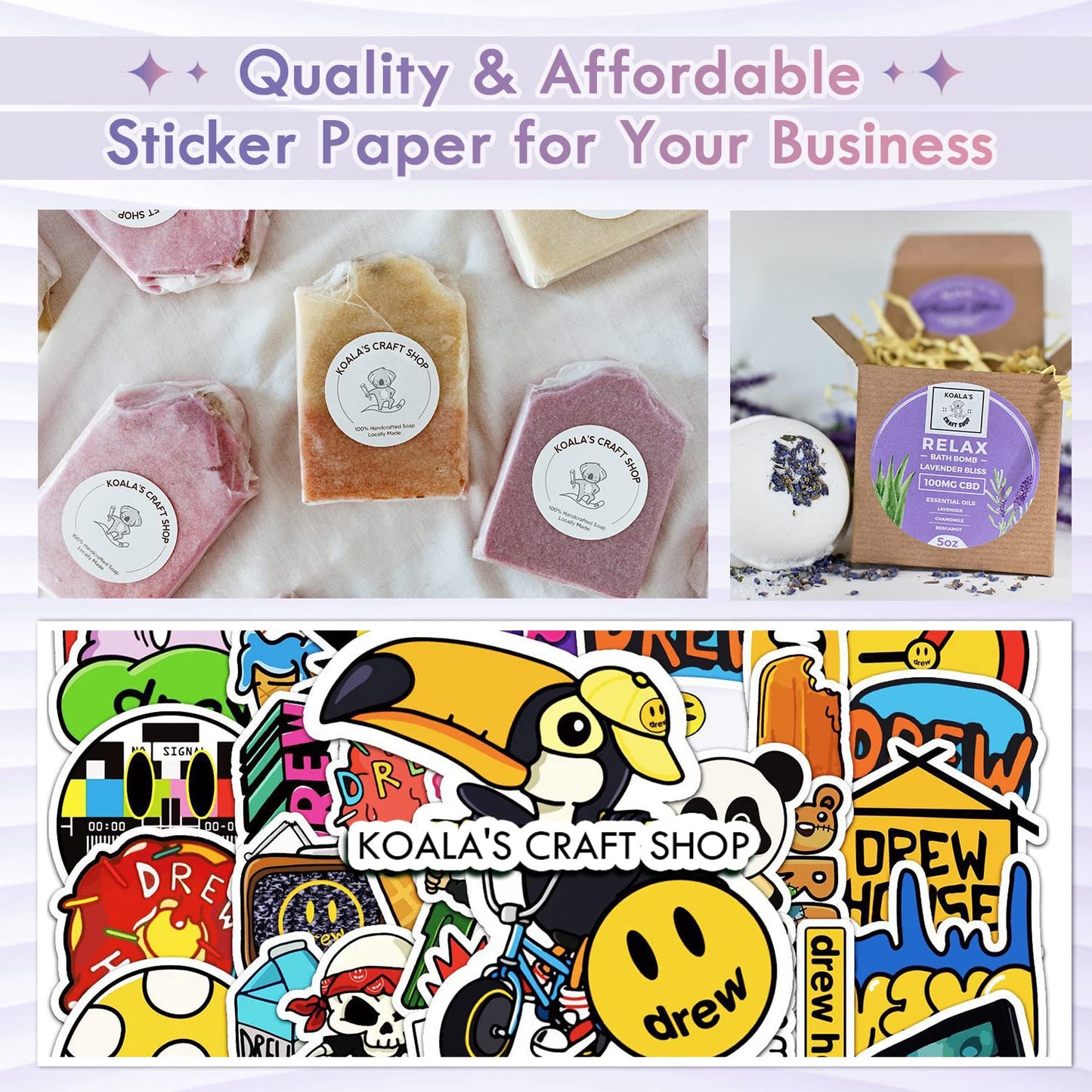 Koala Printable Vinyl Sticker Paper for Inkjet Printers - 20 Sheets Glossy White Waterproof Adhesive Label Paper - 8.5x11 Inch, Tear-Resistant, Removable