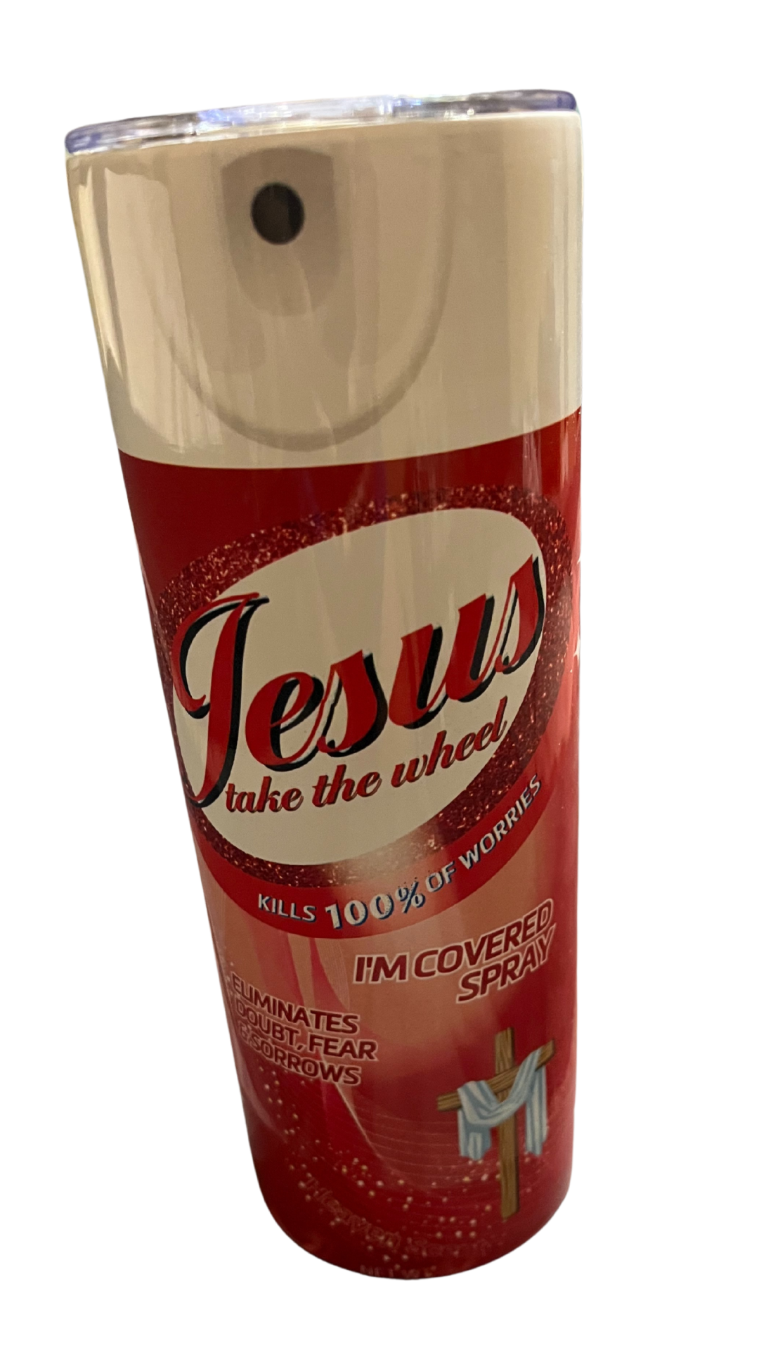 JESUS TAKE THE WHEEL RED GLITTER SKINNY TUMBLER 20 OZ