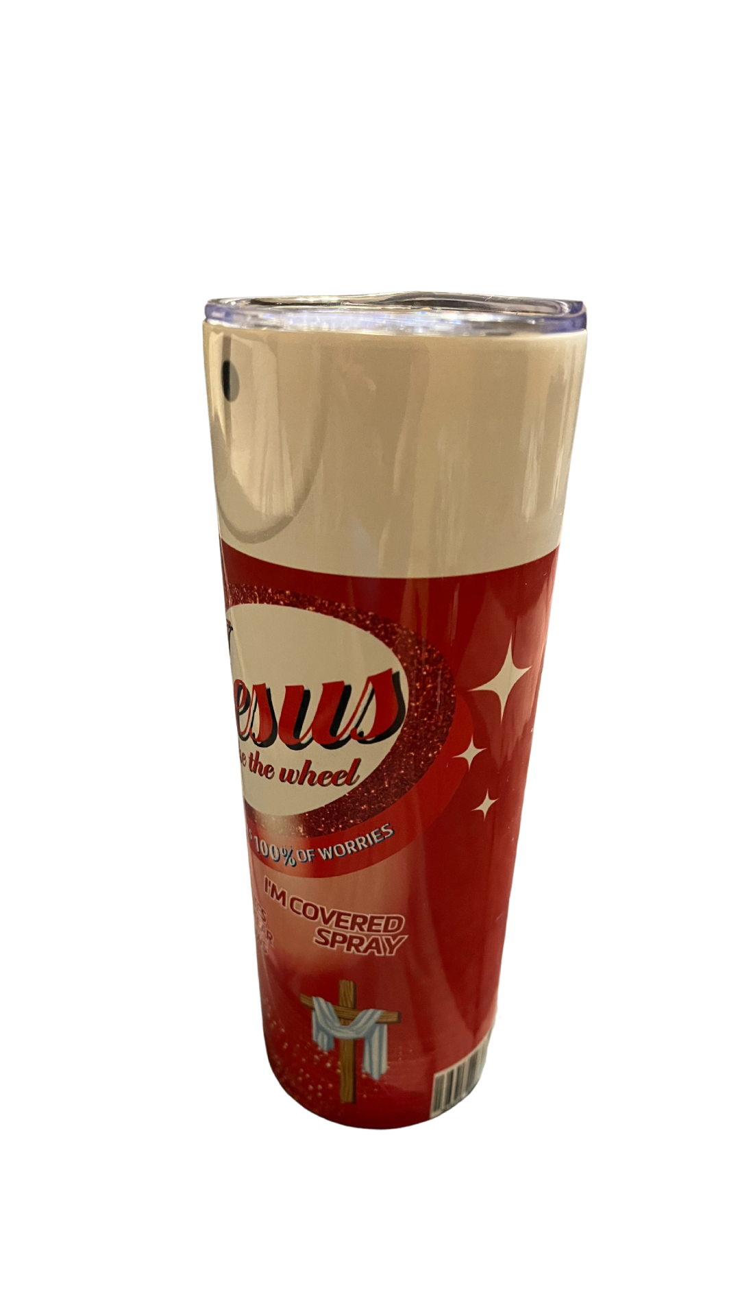 JESUS TAKE THE WHEEL RED GLITTER SKINNY TUMBLER 20 OZ